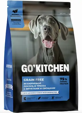 GO'KITCHEN сухой беззерновой корм для щенков и собак всех возрастов с лососем и треской