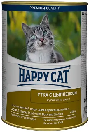 Купить happy cat консервы для кошек с уткой и курицей, кусочки в желе (банка)