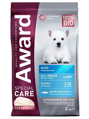 Award Special Care HYPO Puppy сухой корм для щенков всех пород, склонных к аллергии со свежей белой рыбой